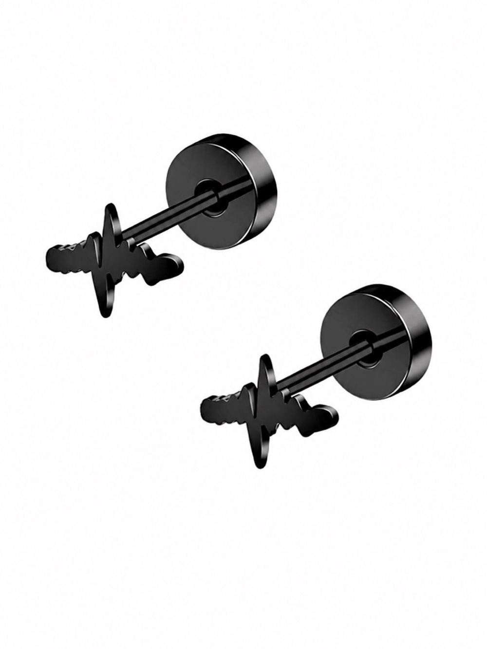 Tiny Black EKG Lifeline Flat Back Stud Earrings 16G Stainless Steel